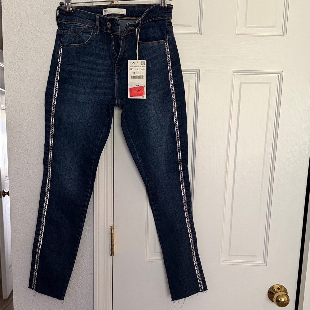 Zara Dark Blue Ankle Jeans with White Side Trim